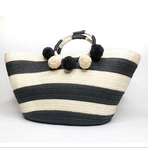 Shiraleah Chicago Pom Black Cream Striped Tote XL